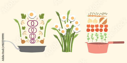 Healthy Chopped Food Ingredients in a Sauce Pan. Tomato, Sunny Side Up Omelette, Parlsey, Asparagus, Capers, Onion, Garlic and Mushroom. Kitchen Flat Lay Vegetable Design Elements.