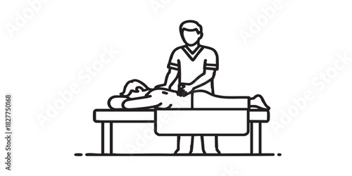 Masseur with man on wooden bed thin line icon, spa massage concept. Vector graphics. Massaging art for client back, therapy sign on white background, style icon mobile or web desig