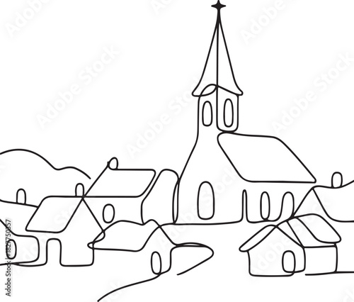 Village with church continuous one line art drawing vector illustration