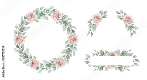 Watercolor floral set with wreath, corner and rectangle frame with roses and leaves.