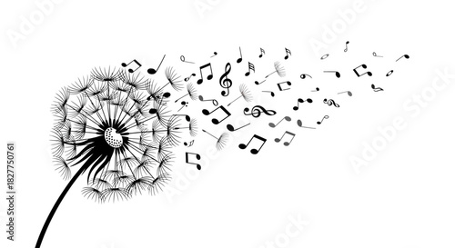 Dandelion with musical notes blowing in the wind, black and white illustration.