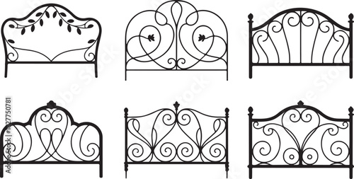 Six Black Ornate Wrought Iron Headboard Designs with Scrollwork and Leaf Motifs on White Background