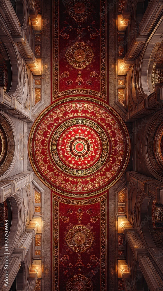 Obraz premium Ornate Ceilings Circular Design, Red and Gold Details, Architectural Symmetry, Warm Lighting.