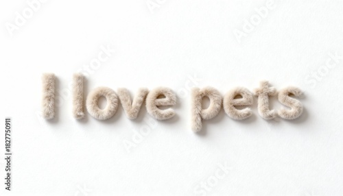 Minimalist illustration phrase I Love Pets in soft, fluffy letters on a light beige background, perfect for pet branding, animal-themed designs, greeting cards, posters, stickers, etc.