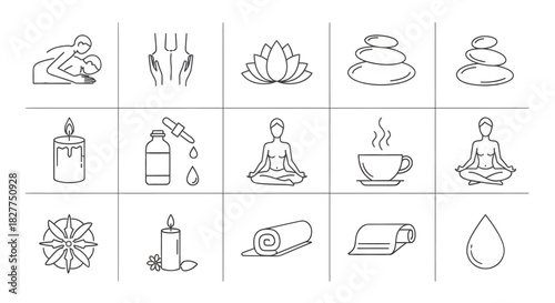 Spa and Wellness Line Art Icons: Massage, Lotus, Candle, Meditation.