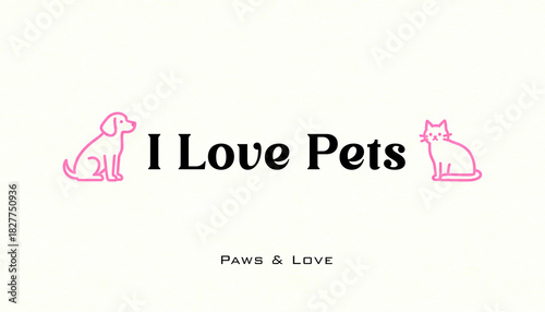 Minimalist animal poster featuring the text “I Love Pets” in a bold black font, with a pink-outlined sitting dog and cat illustration. Clean, modern graphic style