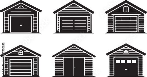 Six black silhouette garage and shed icons with different door styles and siding textures