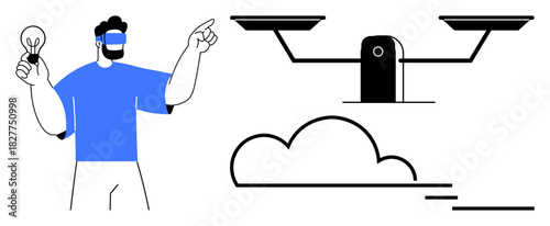 Man wearing VR goggles holds lightbulb while pointing at quadcopter with balanced trays above a cloud. Ideal for innovation, technology, virtual reality, creativity, balance, future concepts