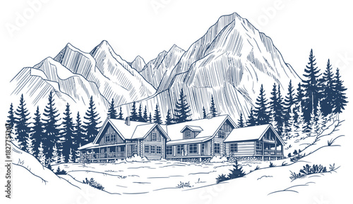 Mountain landscape sketch vector illustration, hand drawn mountain ranges and rolling hills, detailed line art style, suitable for outdoor themes, travel posters, and scenic design compositions.