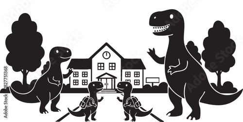 Cute Cartoon Dinosaurs at School – T-Rex and Kids Dinos with Backpacks, Education and Friendship Concept