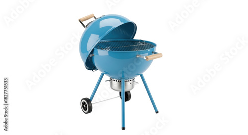 Obraz na plátně Isolated blue steel portable charcoal barbecue grill with wheels, wooden handles
