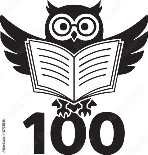 Owl Reading Book with Number 100, Education and Knowledge Concept