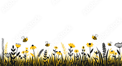 Illustration of a field of flowers and bees on a white background.