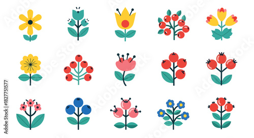 Collection of stylized floral illustrations in a flat, geometric style, featuring various flower and berry designs.