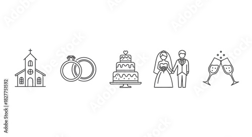 Wedding icons: church, rings, cake, couple, champagne glasses.