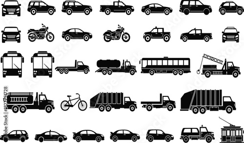 Big collection of black silhouette transport icons showing cars trucks buses motorcycles and bicycle isolated on white background vector illustration.