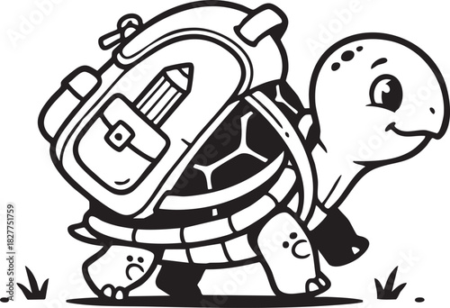 Cute cartoon turtle with school backpack and pencil, black and white coloring page