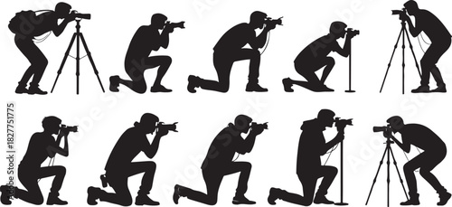 Silhouette of photographers in various poses with cameras and tripods