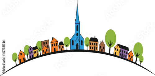 Colorful Townscape Vector Illustration: Charming Village on Hill, Steeple Church, Simple Houses, Green Trees, Community Banner Design Element Isolated.