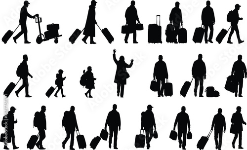 Collection of black silhouettes showing travelers with baggage suitcases and backpacks walking in airport terminal on white background vector illustration.