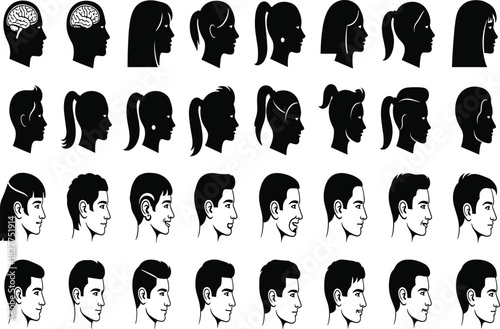 Set of Human Head Profiles and Silhouettes, Including Male and Female Faces with Various Hairstyles and an Exposed Brain, Vector Graphic for Mental Health and Identity Concepts.