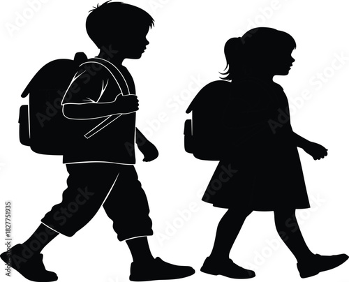 Silhouette of Two Young School Children Walking with Heavy Backpacks: Depicting Education, Friendship, and Going Back to School, Ideal for Childhood and Learning Concepts Vector.