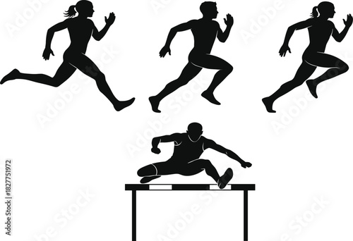 Dynamic Silhouettes of Track and Field Athletes Running and Hurdling: Male and Female Sprinters in Motion, Capturing Speed, Determination, and Athleticism Against a White Background.