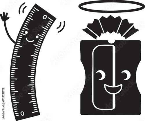  Cute school supply characters, a waving ruler and a happy pencil sharpener, vector icons.