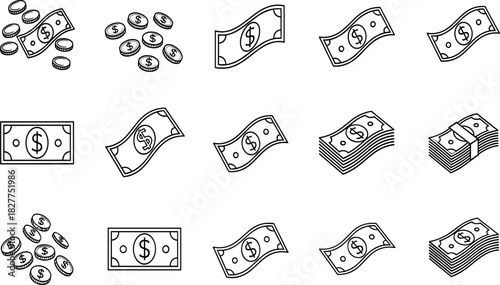 Money and Finance Outline Icon Set, Featuring Dollar Bills, Cash Stacks, and Coins, Black Line Art Vector Graphic for Banking, Business, and Wealth Concepts.