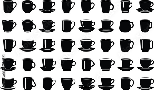 Mega Coffee and Tea Cup Silhouette Icon Set, Featuring Mugs and Saucers, Black Vector Graphic for Cafes, Breakfast Menus, and Beverage-Themed Design Projects.