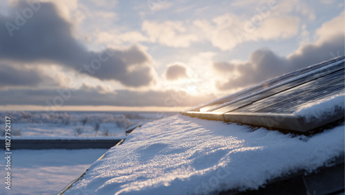 a roof covered by a thick layer of snow, solar panels partially covered by snow, winter sun low on the horizon in the sky, soft diffused light, tranquil winter landscape surrounding the house