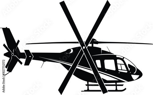 Airbus H130 Eurocopter EC130 Helicopter Silhouette Vector Graphic: Highly Detailed Black Monochromatic Side View of a Modern Utility and Passenger Transport Rotorcraft, Isolated on White.