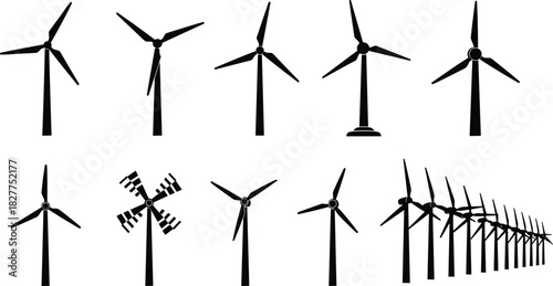 Silhouette Vector Set of Wind Turbines and Wind Farm Perspective for Renewable Green Energy Power Generation