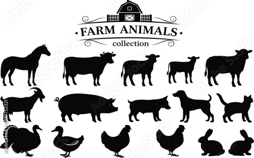 Farm Animals Collection Silhouettes: Horse, Cow, Pig, Sheep, Goat, Chicken, Rabbit, Cat, Dog, Turkey, Duck, Vector Black Icons Set.