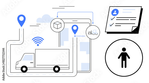 Truck with GPS location, delivery icons, driver profile, and documents representing logistics. Ideal for supply chain, delivery tracking, fleet management, shipment monitoring, driver management