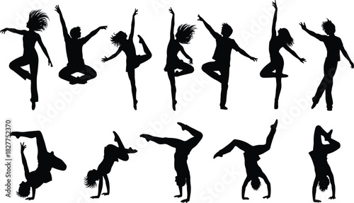 Dynamic black silhouette vector set of diverse people dancing, performing acrobatics, and striking expressive balance poses, symbolizing movement, freedom, fitness, and artistic expression in design.