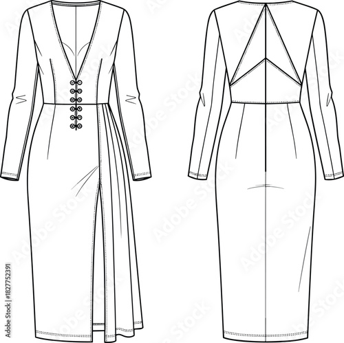 Technical Fashion Flat Sketch Vector of a Long-Sleeve Midi Dress with High Slit, Front Button Detail, and Geometric Back Seams for Apparel Design Template.
