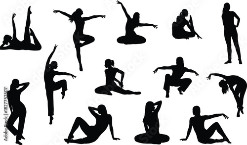 Collection of Dynamic Female Silhouettes in Various Dance, Yoga, and Stretching Poses: Depicting Grace, Flexibility, and Elegance, Ideal for Fitness, Wellness, and Artistic Design Projects.