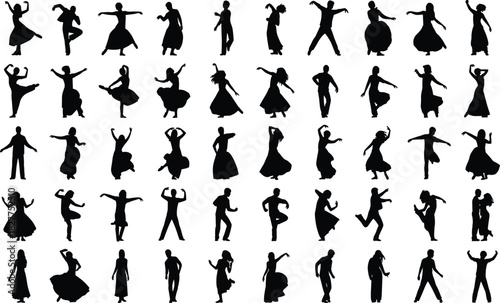Mega collection of 50 diverse black silhouette vector figures performing different styles of dance, symbolizing celebration, movement, energy, and artistic freedom for performance art design.