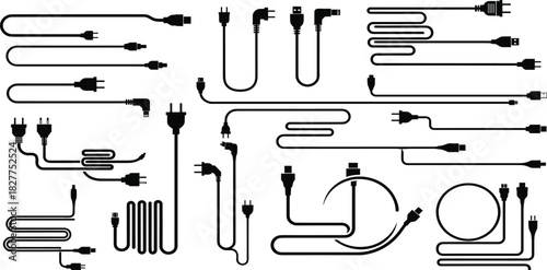 Comprehensive Collection of Black Cable Silhouettes Vector Set Featuring Power Cords, USB, HDMI Connectors, and Various Electronic Wire Configurations for Modern Tech Background Design.