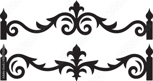 Two horizontal black decorative scrollwork borders with finials on a white background flourish