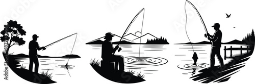 Set of three scenic black and white fishing silhouettes, showing anglers in natural landscapes by a lake, catching fish under mountains and trees