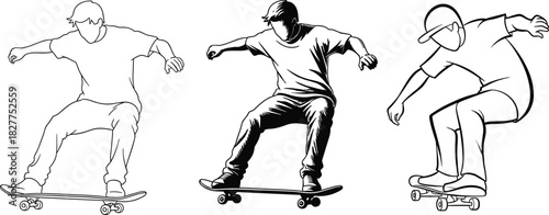 Set of Three Skateboarder Figures Performing Tricks and Riding Skateboard, Outline and Black and White Graphic Style, Skateboarding Sport and Urban Hobby Concept