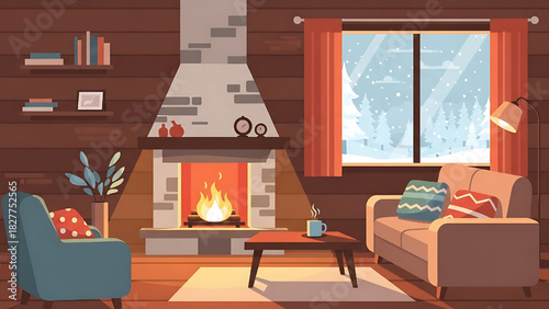Cozy Winter Cabin Interior with Fireplace and Snowy View Illustration