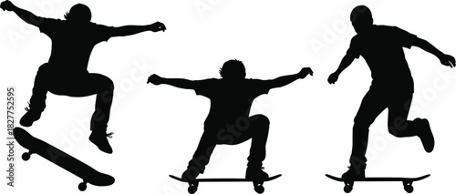Skateboarder Silhouettes Performing Aerial Jumps and Tricks, Showing Extreme Sport Energy and Dynamic Motion as Black Vector Illustrations on White