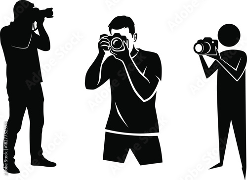 Three Black Silhouettes of Professional Photographers Capturing Moments with Digital SLR Cameras Isolated on White Background, Photography Job and Creative Hobby Concept