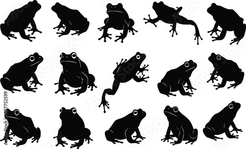 Collection of black vector frog and toad silhouettes featuring amphibians in jumping and sitting poses isolated on white background.
