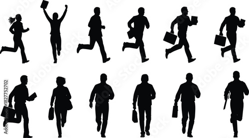Collection of black silhouette vector illustrations of rushing business people running fast with briefcases and bags on white background.