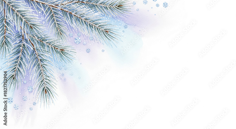 Obraz premium Frosted pine branch with snowflakes on blue background, creating a cold, wintery scene, representative of Christmas, New Year, or winter holidays, free space