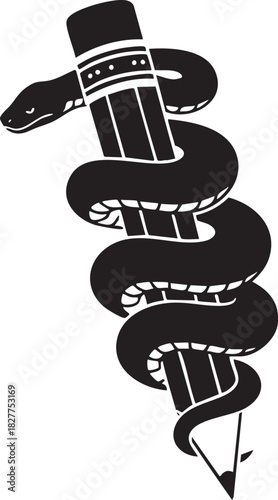 Serpent Coiled Around a Pencil Vector Silhouette (Symbol of Creative Wisdom, Writing, or Knowledge)

